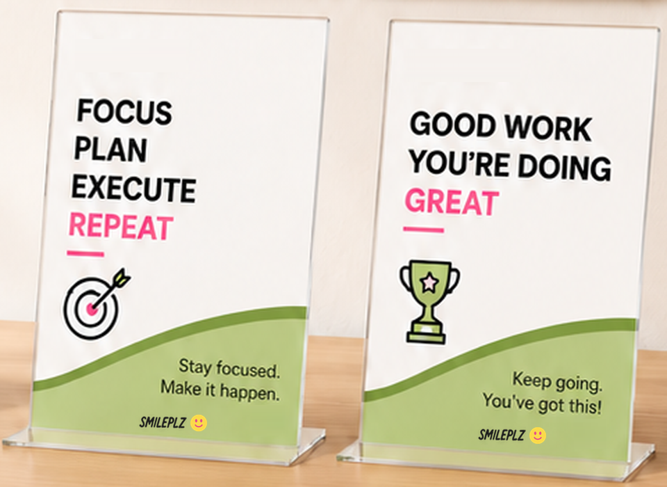 Two SmilePlz A4 desk signs: Focus Plan Execute Repeat, and Good Work You're Doing Great